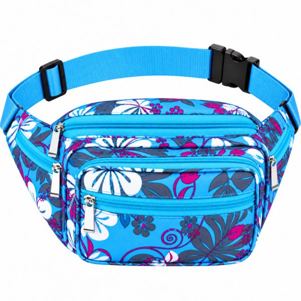 8056 Dark Blue Floral Bright Colored Multizip Bumbag (New)