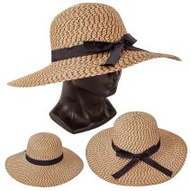 8750 TAN/BLACK LADIES WIDE BRIM SUN HAT WITH RIBBON