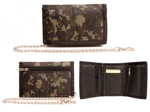 8004 BLACK Camouflage Print Trifold Wallet with Chain