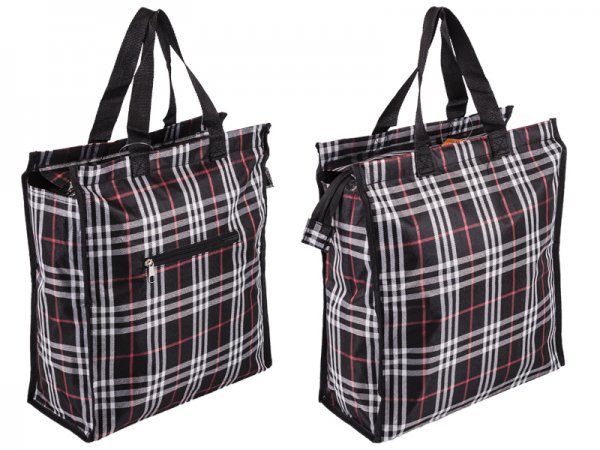 2483 CHECK SHOPPING BAG WITH TOP ZIP AND FRONT ZIP BLACK MULTI