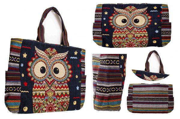 LL-120 BLUE OWL PRINT CANVAS SHOPPING BAG
