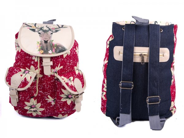 2605 BOHO CANVAS BACKPACK WITH 2 FRONT POCKETS Deer - Red