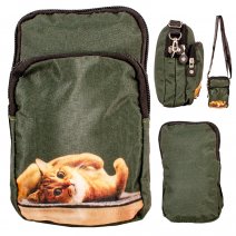 GRACE131 GREEN CAT PRINTED MOBILE PHONE BAG W/DETACHABLE STRAP