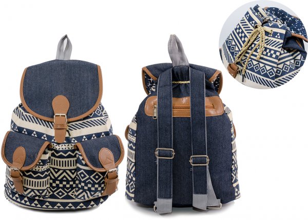 2605 BOHO CANVAS BACKPACK WITH 2 FRONT POCK Navy - Pattern