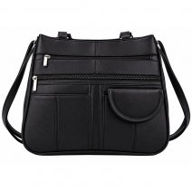 EV1002 Black Leather Handbag W-7 Pockets (New)