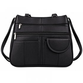 EV1002 Black Leather Handbag W-7 Pockets (New)