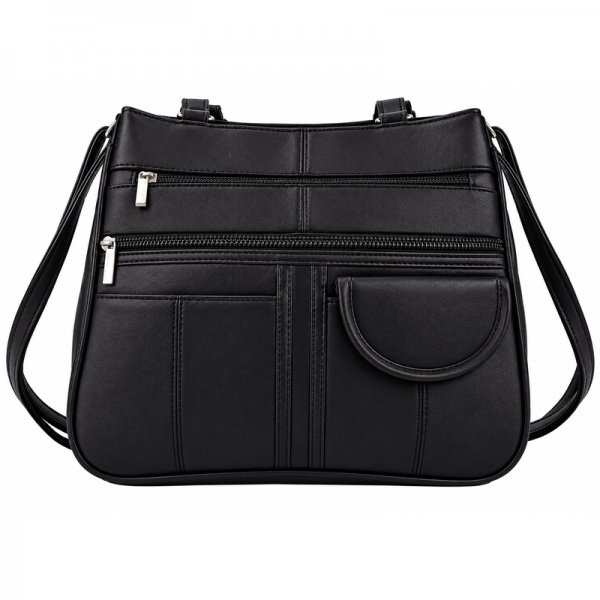 EV1002 Black Leather Handbag W-7 Pockets (New)