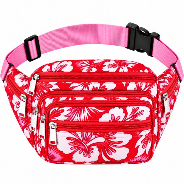 8056 Red Floral Bright Colored Multizip Bumbag (New)