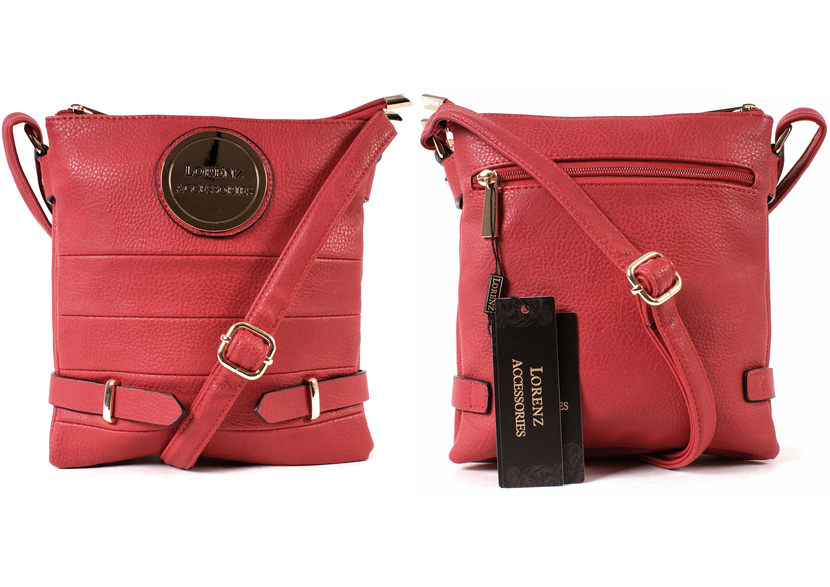 (image for) 5800CHERRY Faux Lthr Triple Top Zip X-Body Bag, Back Zip