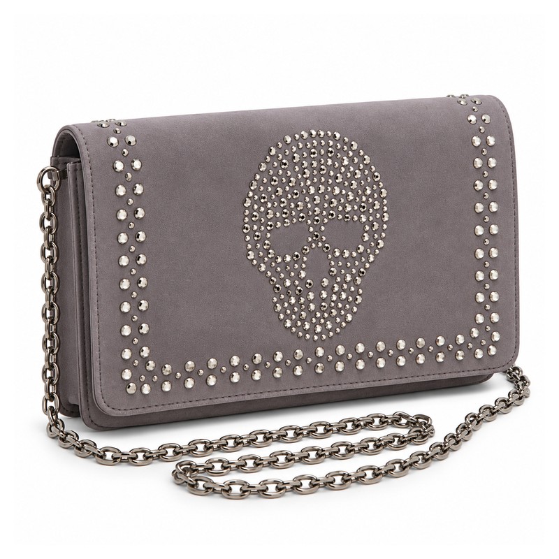 (image for) 49P69K Grey Diamante Skull Clutch Bag with Chain Strap